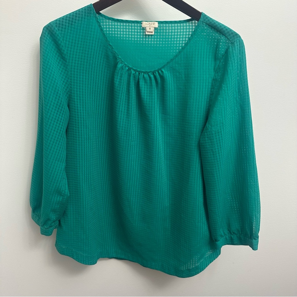 J Crew Sheer Checkered Green Top 3/4 Sleeve Button Scoop Neck Medium